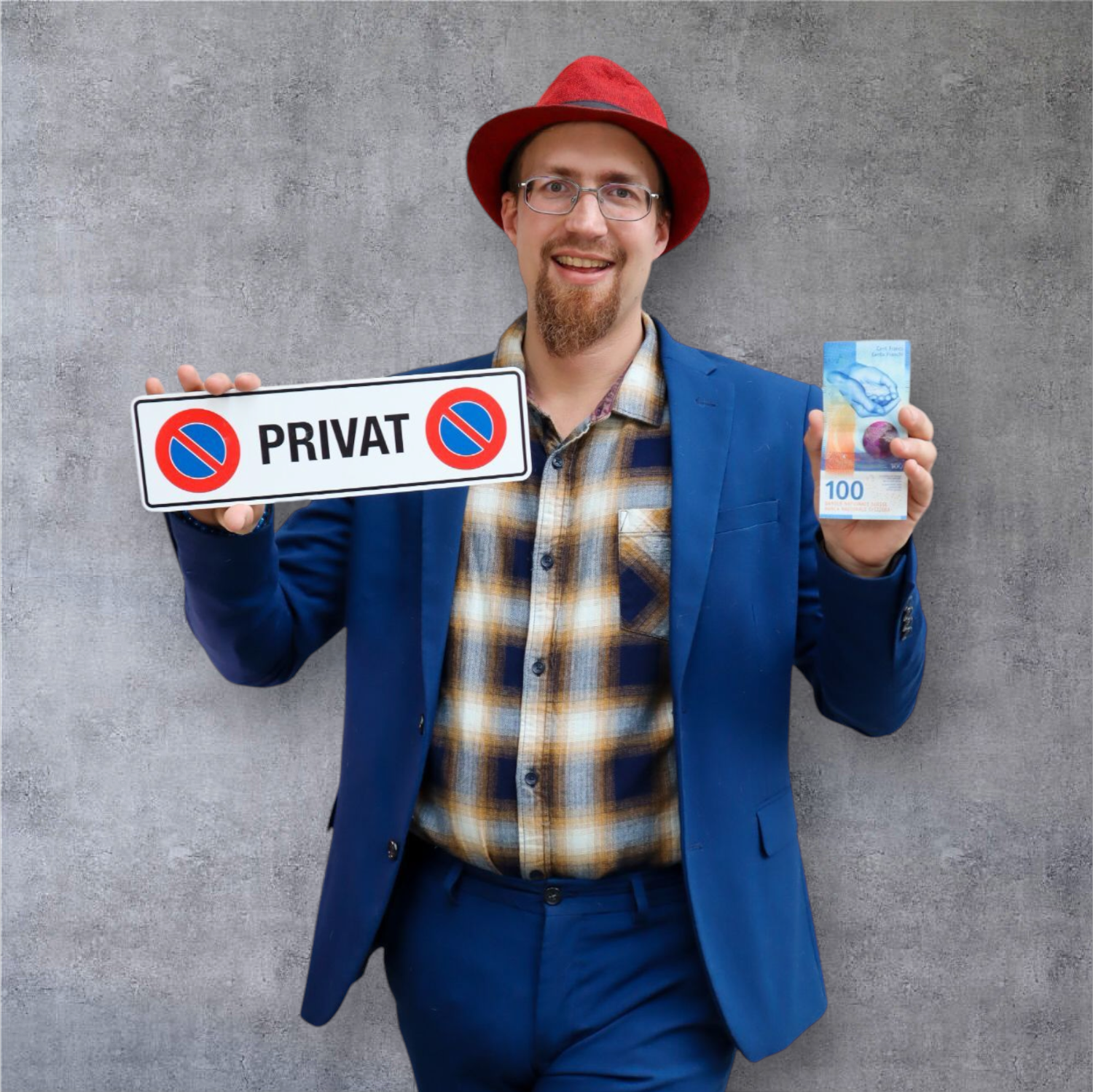 Roger Zbingen mit Privat-Schild und Geld in der Hand Roger Zbingen mit Privat-Schild und Geld in der Hand